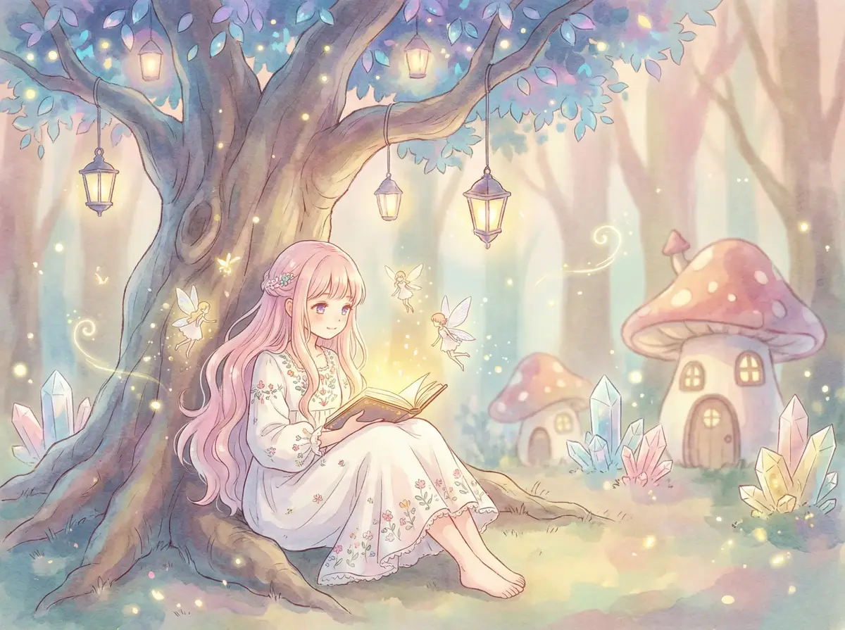 365今时之欲 - 魔法森林中阅读故事书的粉发少女与精灵